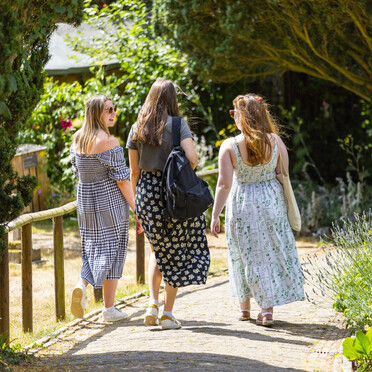 Three visitors walk down a cobble path surrounded by green trees