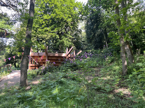 Wooden auditorium surrounded by green woodlands and pink flowers