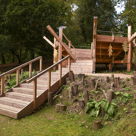 Wooden rounded amphitheatre in woodlands with stairs