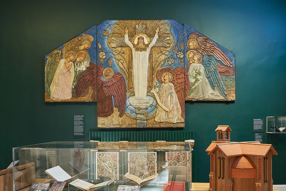 Decorative panel hung on wall in gallery