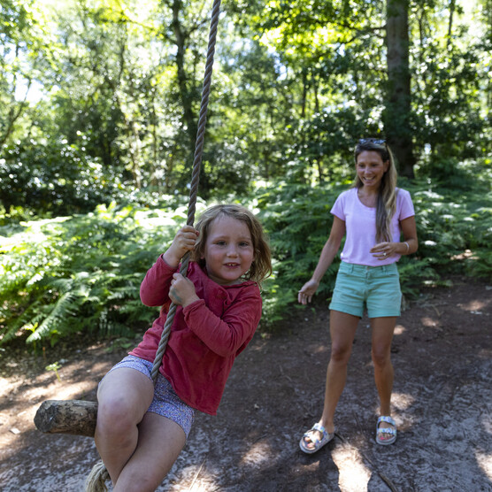 A mother and daughter play on a rope swing in the Verey Playwood